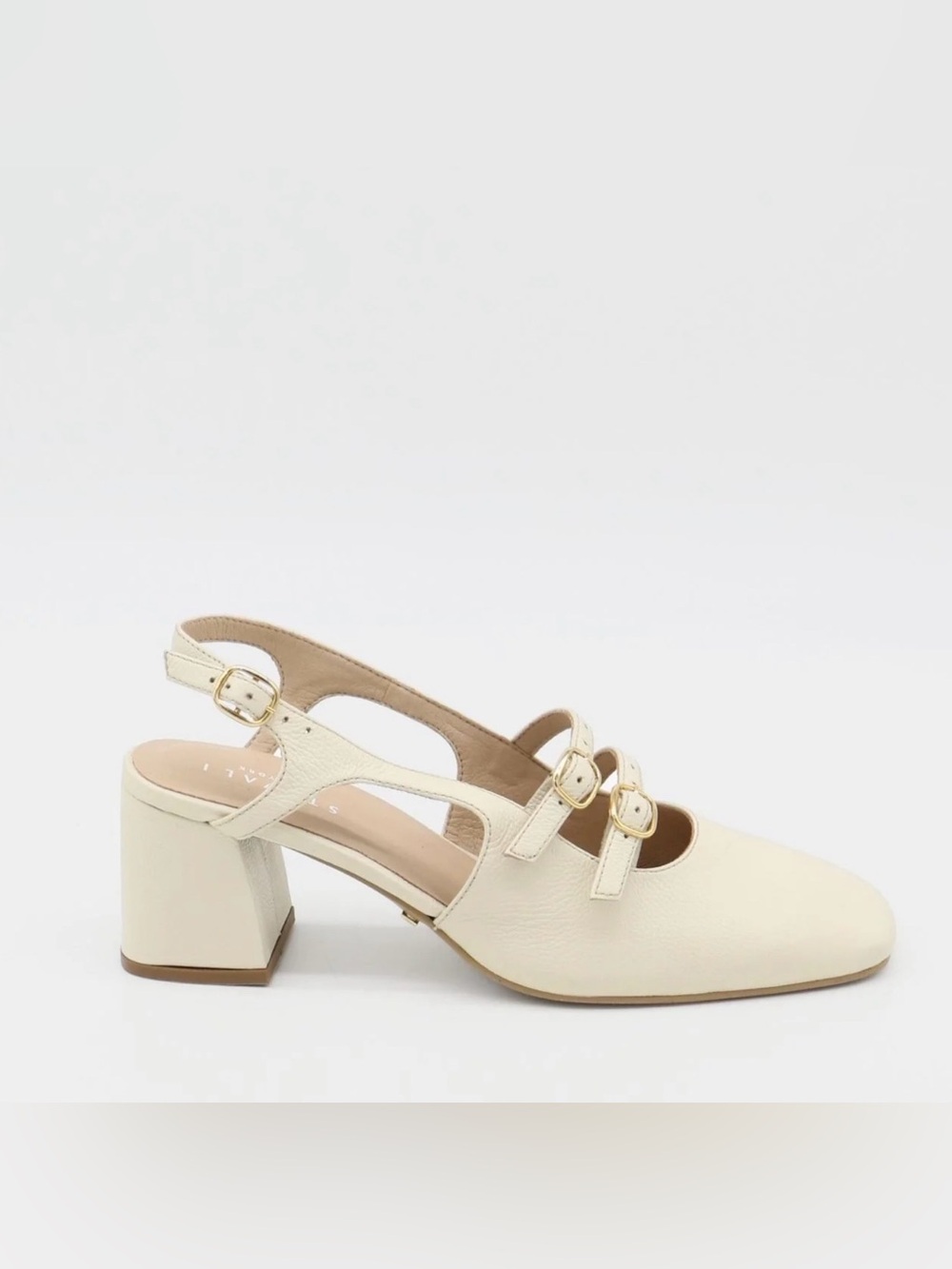 Slingback Triple-Buckle Block Heel Mules in Cream